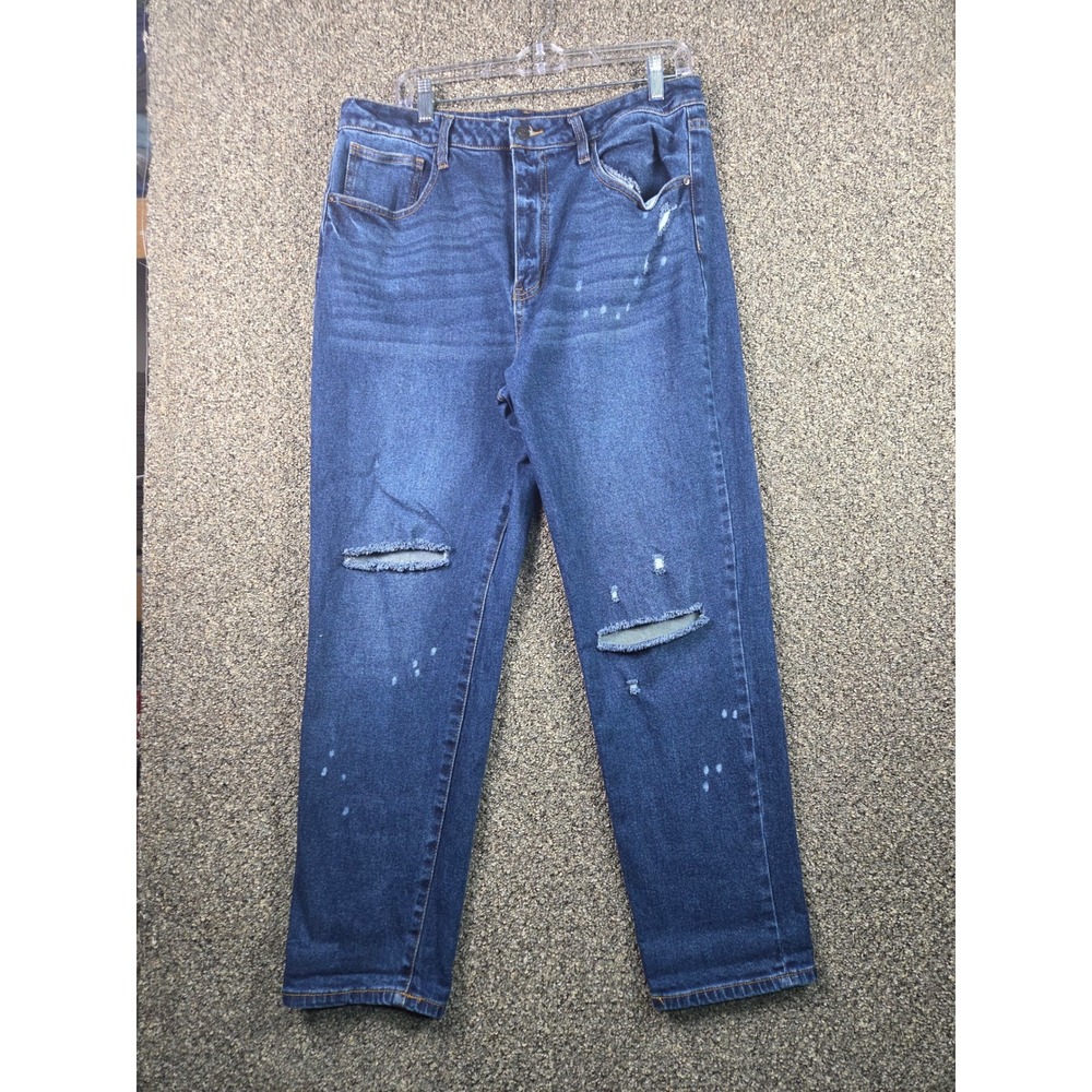 No Boundaries Mom Jeans Womens 17 Blue Distressed High Rise Bleach Splatter